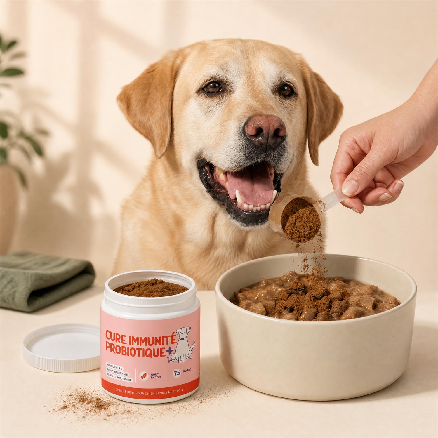 Cure Immunité Probiotique+ Chien – Complément Alimentaire Vétérinaire – Digestion, Flore Intestinale & Vitalité – Saveur Bacon – Poudre à Saupoudrer sur Croquettes
