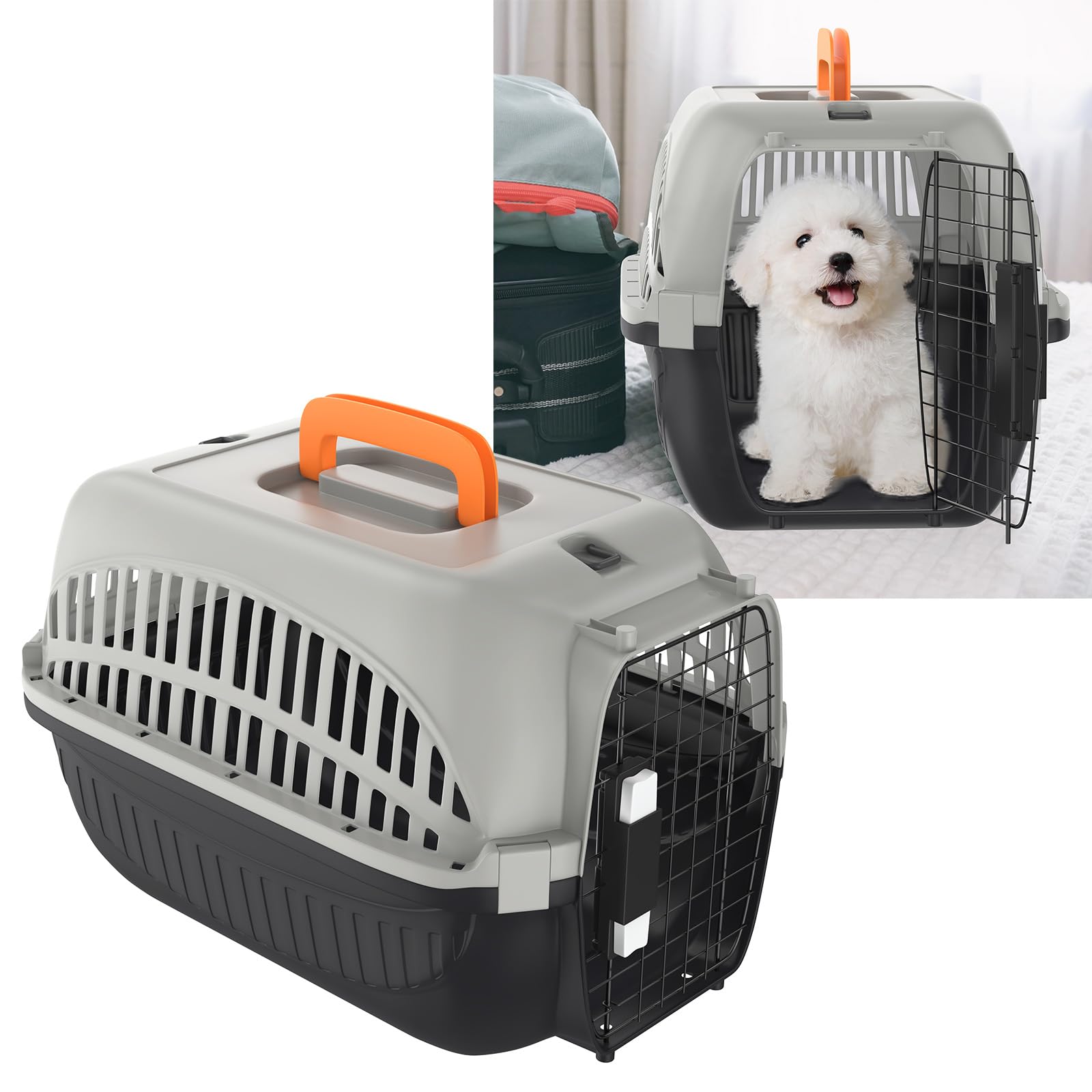 YUENFONG Transportbox Katzen 61x37x37cm Katzentransportbox für kleine Hunde, Tiertransporter aus ABS & PP Kunststoff Material, mit Metalltür & Napf, Grau und Schwarz