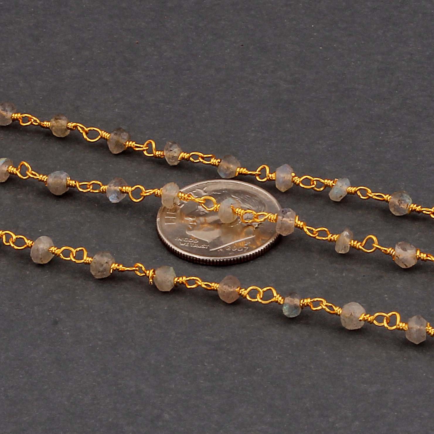 NOVEMBER SALE 10 FEETS Labradorite Rosary Style Beaded Chain - Labradorite Beads wire wrapped 24k Gold Plated chain per foot