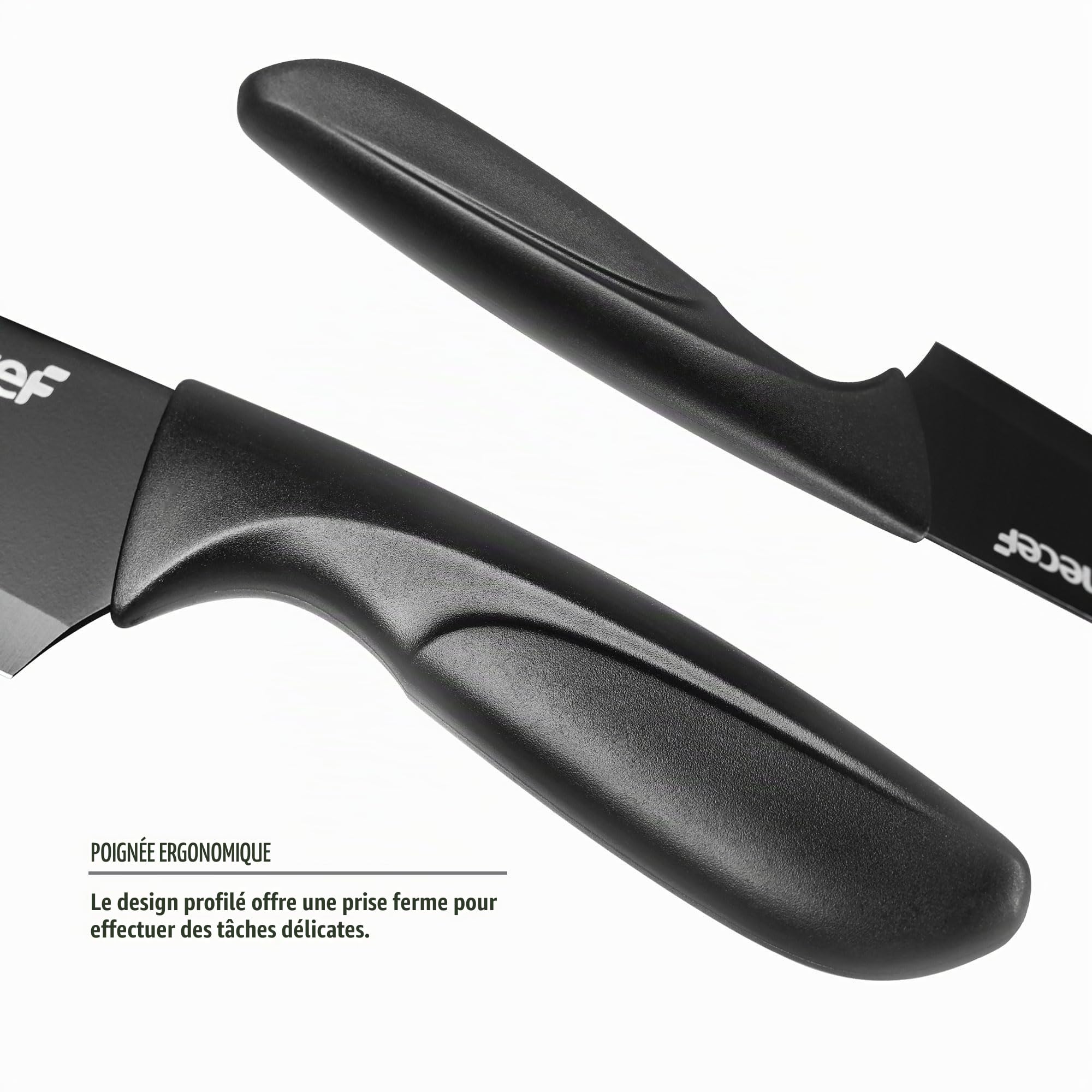 hecef Set de Couteaux de Cuisine 14 Pièces, Bloc Aiguiseur Intégré, Noir | Acier inoxydable, revêtement antiadhésif, manches ergonomiques, gain de place, idéal pour équiper une première cuisine