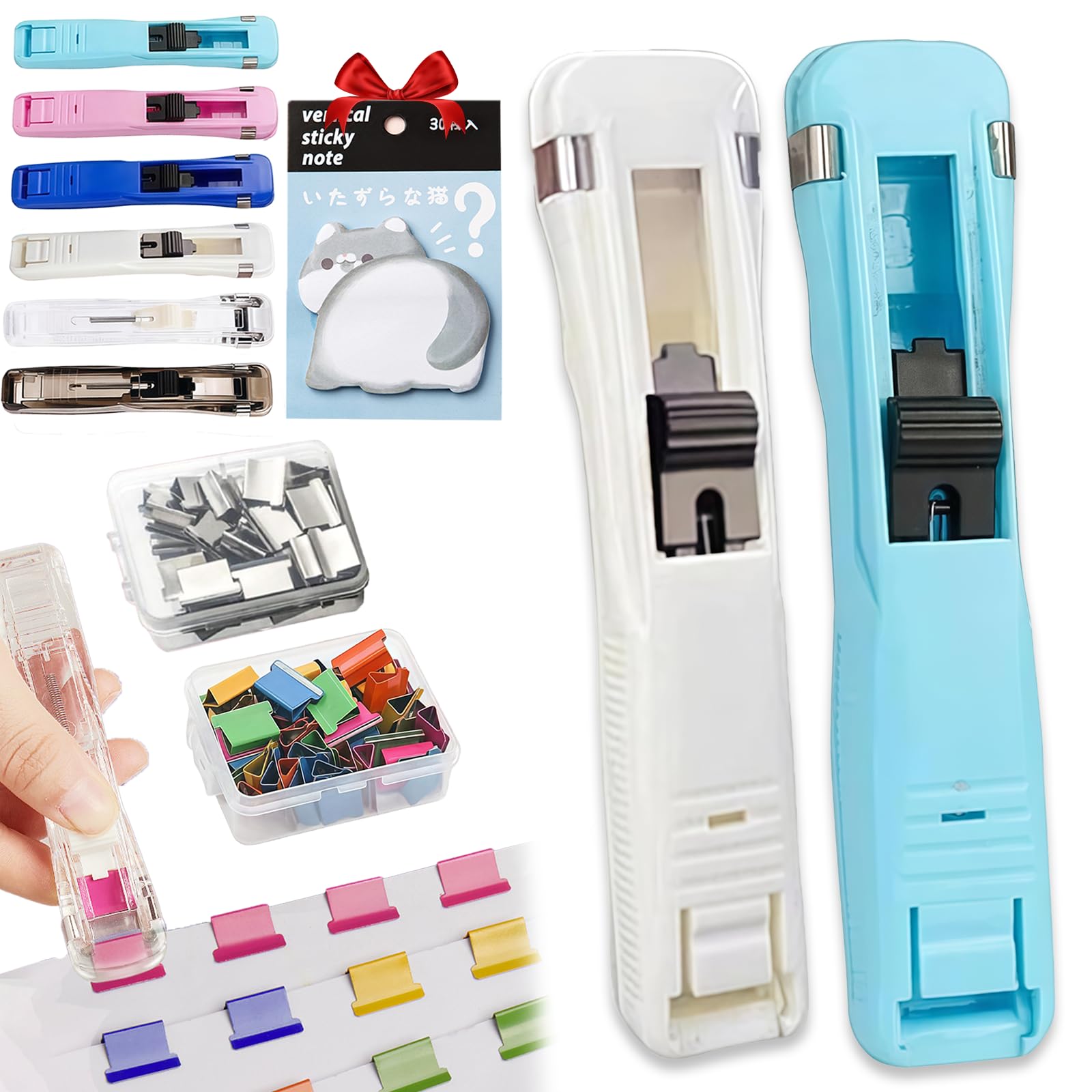 Portable Binder Clip Stapler Set with 50 Reusable Push Clips, Handheld Paper Clamp Dispenser for Office Desktop Document Organization, 2 Piece (2, D)