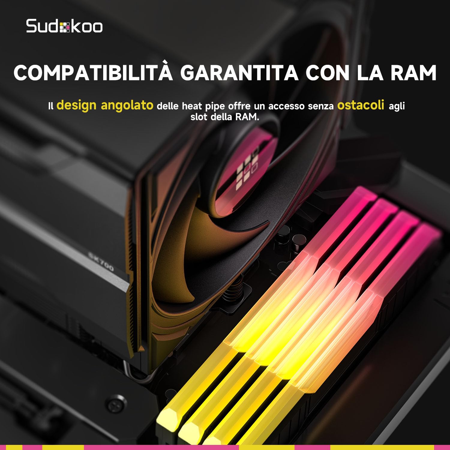 Sudokoo SK700V Dissipatore AM5 : CPU Cooler con Schermo Digitale Solo per AM5 - Dissipatore ad Aria a Torre Singola con 7 HeatPipes & FDB Ventola PC 120mm, Libertà di RAM Completa, Garanzia 5 Anni.
