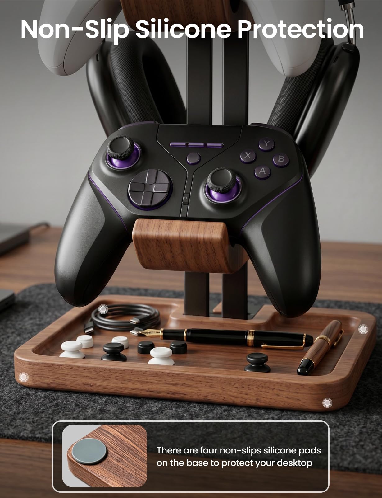 LOXP Supporto per cuffie e controller in noce, 2 in 1, in legno massello, con base di stoccaggio, adatto per controller Xbox PS5, organizer da scrivania per giocatori