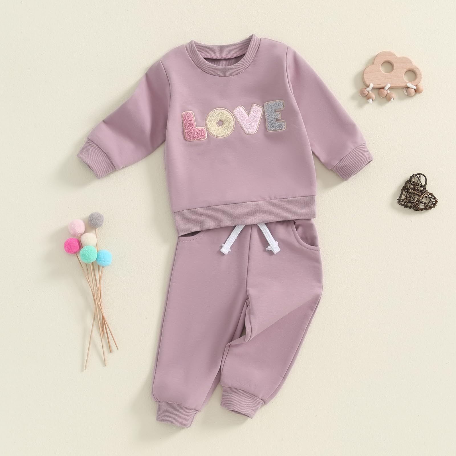 Adobabirl Toddler Baby Girl Clothes Embroidery Letter Print Crewneck Sweatshirt and Pants Set Fall Winter Spring Outfits (Valentines Love Outfit-Purple, 2-3T)