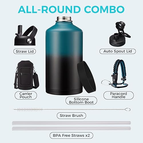 Miniatura 3 de Botellas de agua grandes aisladas de 1 galón, jarra de agua con bolsa de transporte para correa, tapa de popote y boquilla, mango de paracaídas,