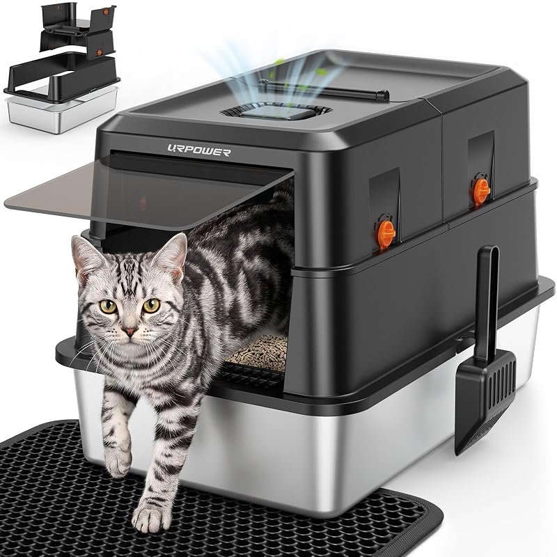 Caixa de Areia para Gatos em Aço Inoxidável com Tampa Articulada 180° URPOWER X-Large