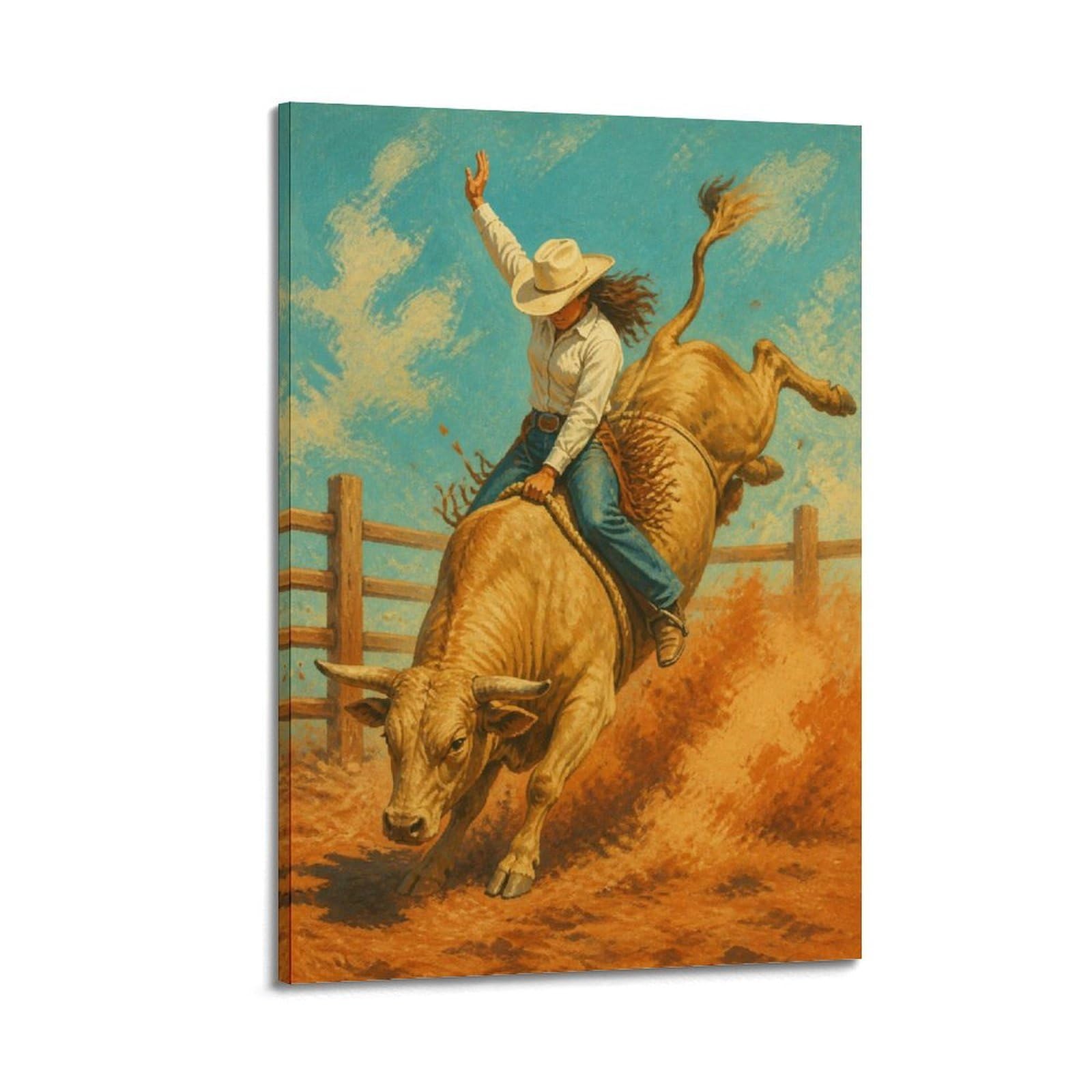 OKAHYS Bright Southwestern Rodeo Cowgirl Bull Riding Poster Vintage Modern Decorative Canvas Prints - Ideal Wall Art for Family, Man Cave, Game Room, Boys & Girls Bedroom 24x36inch(60x90cm)