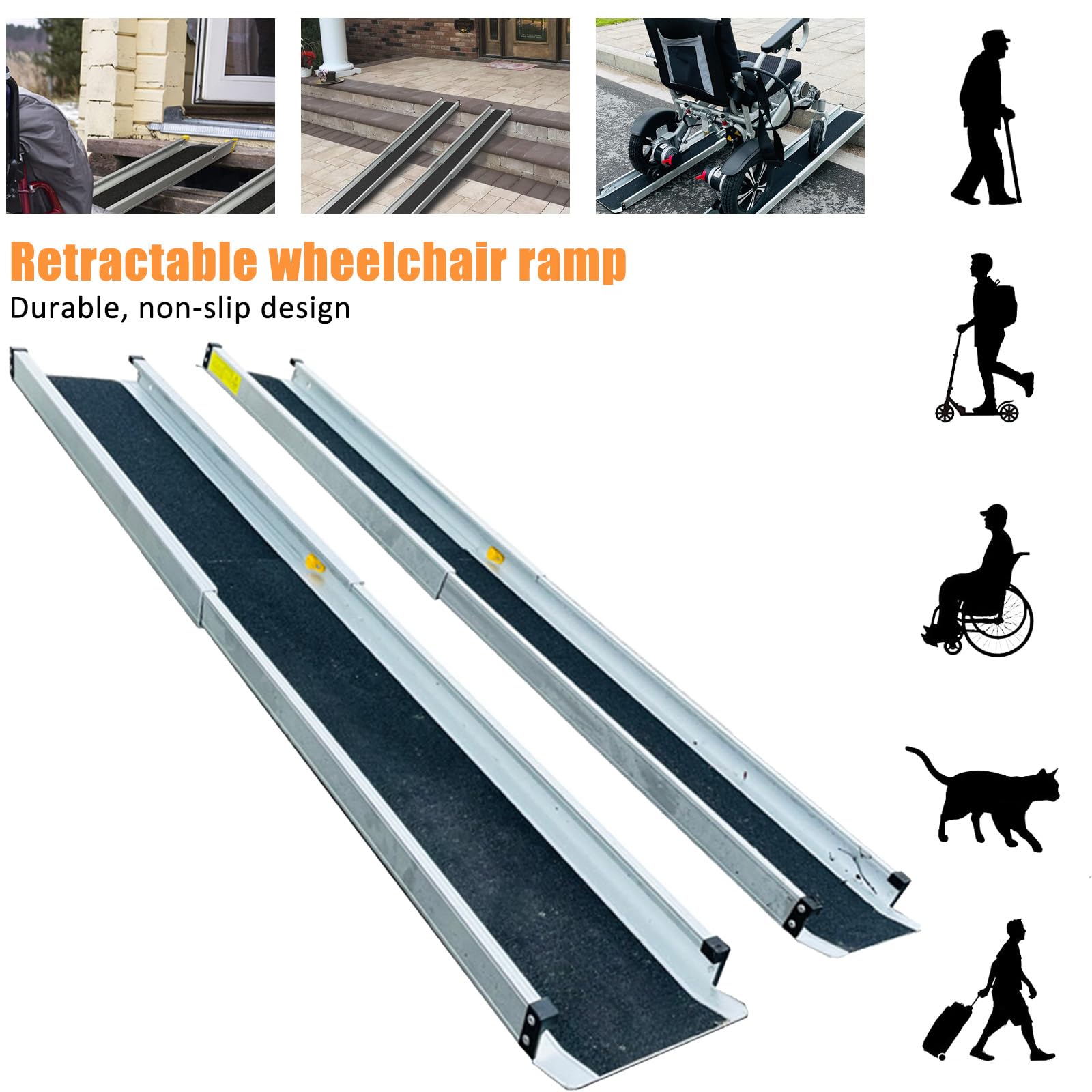 Rampa telescópica para silla de ruedas de 7 pies, rampa de umbral de aluminio portátil ajustable, rampa plegable para scooter de movilidad con superficie antideslizante para puerta del hogar
