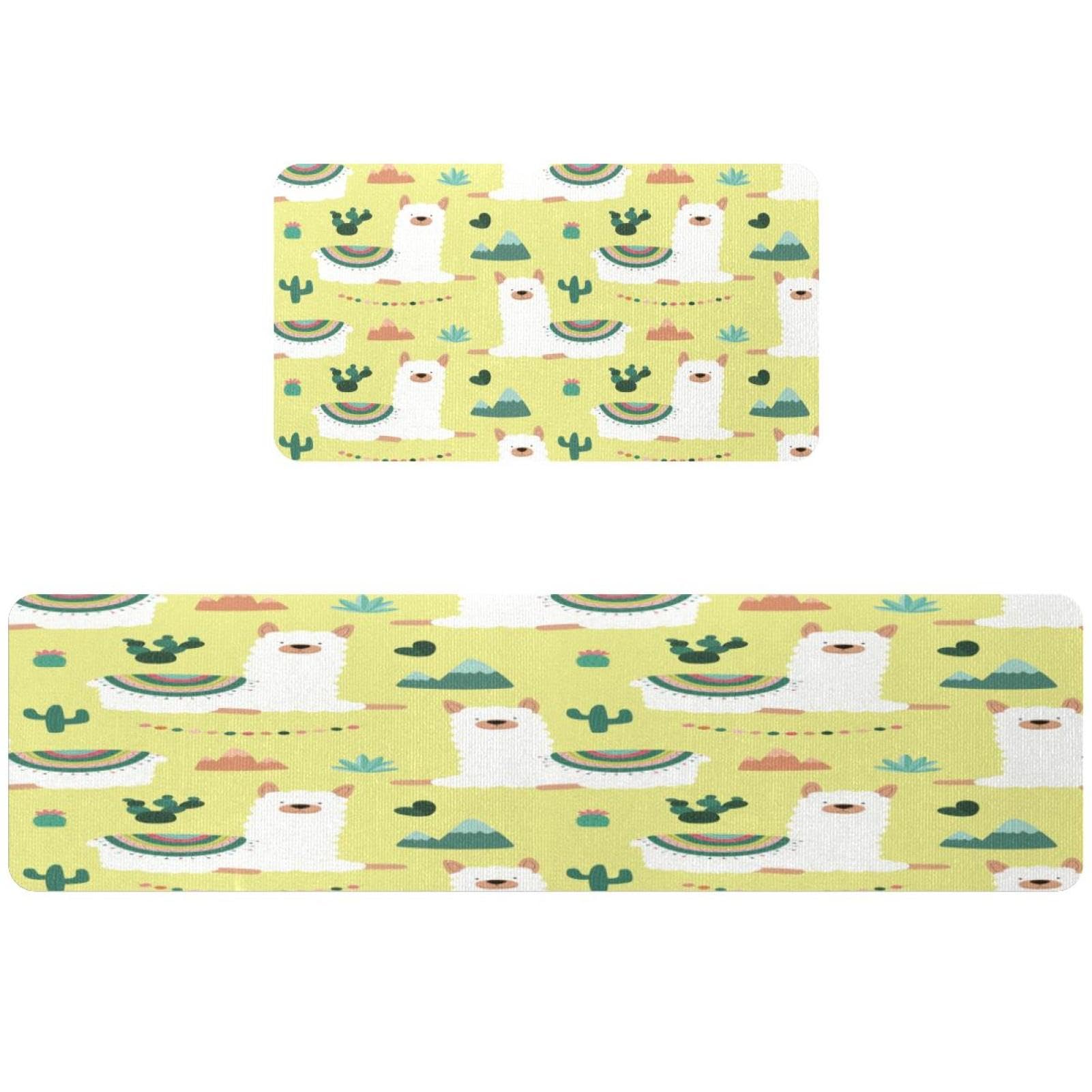 Tapis de cuisine pour couloir et buanderie motif lama jaune x2