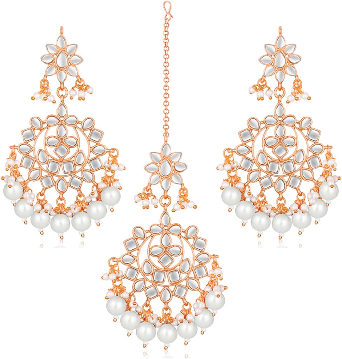Aheli Indian Traditional Bollywood Faux Kundan Pearl Wedding Chandbali Earrings with Maang Tikka Jewelry Set Gift for Women