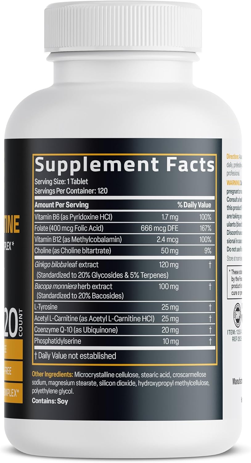 Bronson Ginkgo, Bacopa & Acetyl L-Carnitine Brain & Memory Support Complex with L-Tyrosine, Choline, CoQ10 & Phosphatidylserine Plus Key B Vitamins Non-GMO, 120 Tablets