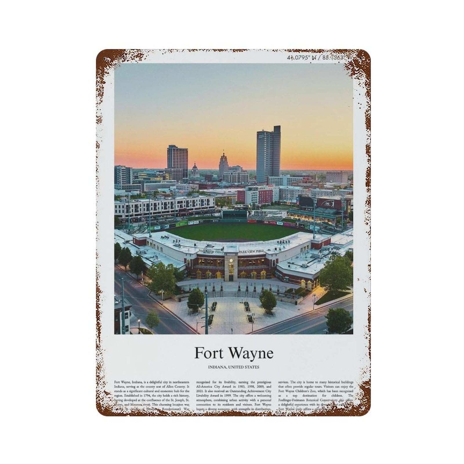xiaoxiaoshen Fort Wayne Indiana, United States, USA City Scenery Wall Decor Art Metal Tin Poster Modern Home Decor Art Home Bar Shop Decorations Vintage Sign 40x30cm