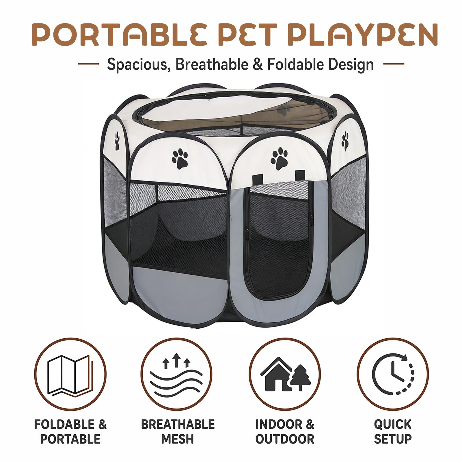 Welpenauslauf Hundebox Faltbar für Zuhause Welpenlaufstall, Katzengehege für Drinnen Outdoor Hundekäfig Hundezelt Freilaufgehege Kaninchen Laufstall Katze Hund Katzen Zelt Kleintiergehege (Grau)
