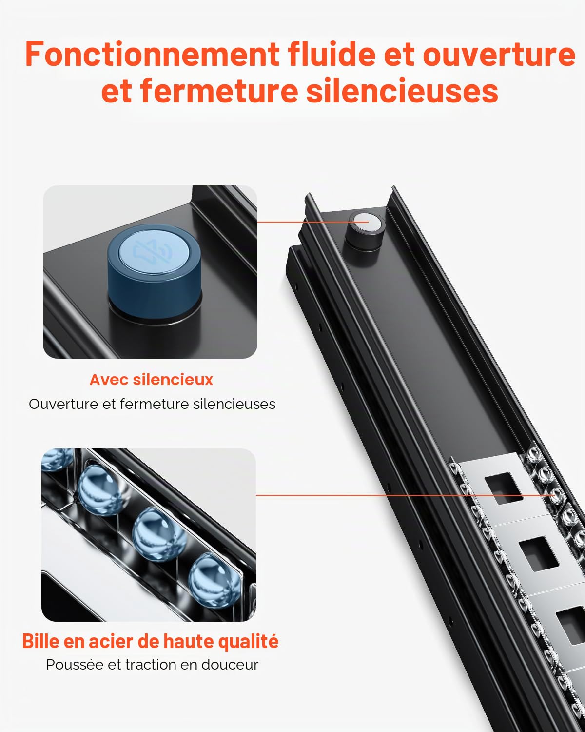 VEVOR Glissières de Tiroir sous Escalier, 1000 mm, Coulisses de Tiroir à Roulement à Billes Extension Complète, Capacité de Charge 117 kg, Rails d'Armoire Inférieur Robustes, pour Bricolage, Noir