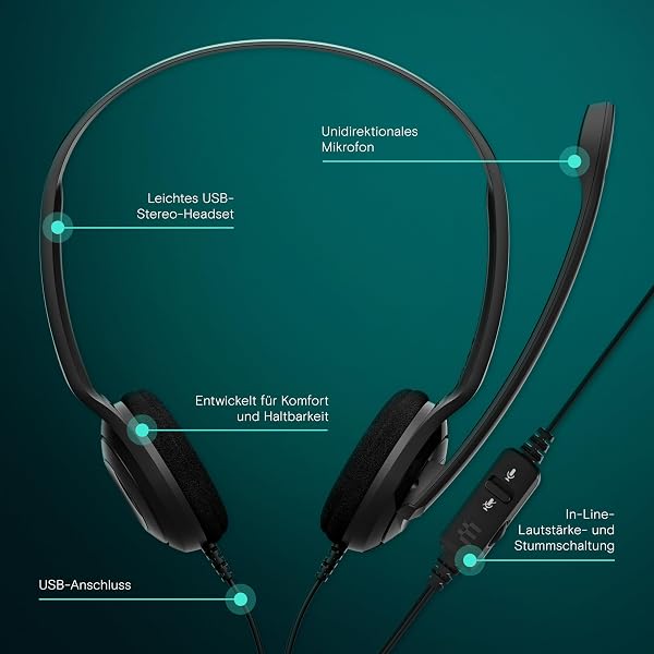 EPOS PC 8 USB On-Ear-Stereo Wired Headset mit Mikrofon, Kopfhörer mit Kabel, Inline-Lautstärke, Stummschaltung, Mikrofon-Rauschunterdrückung, Hochwertig, für Laptop, PC, Mac - Online-Anrufe Unterric - 2
