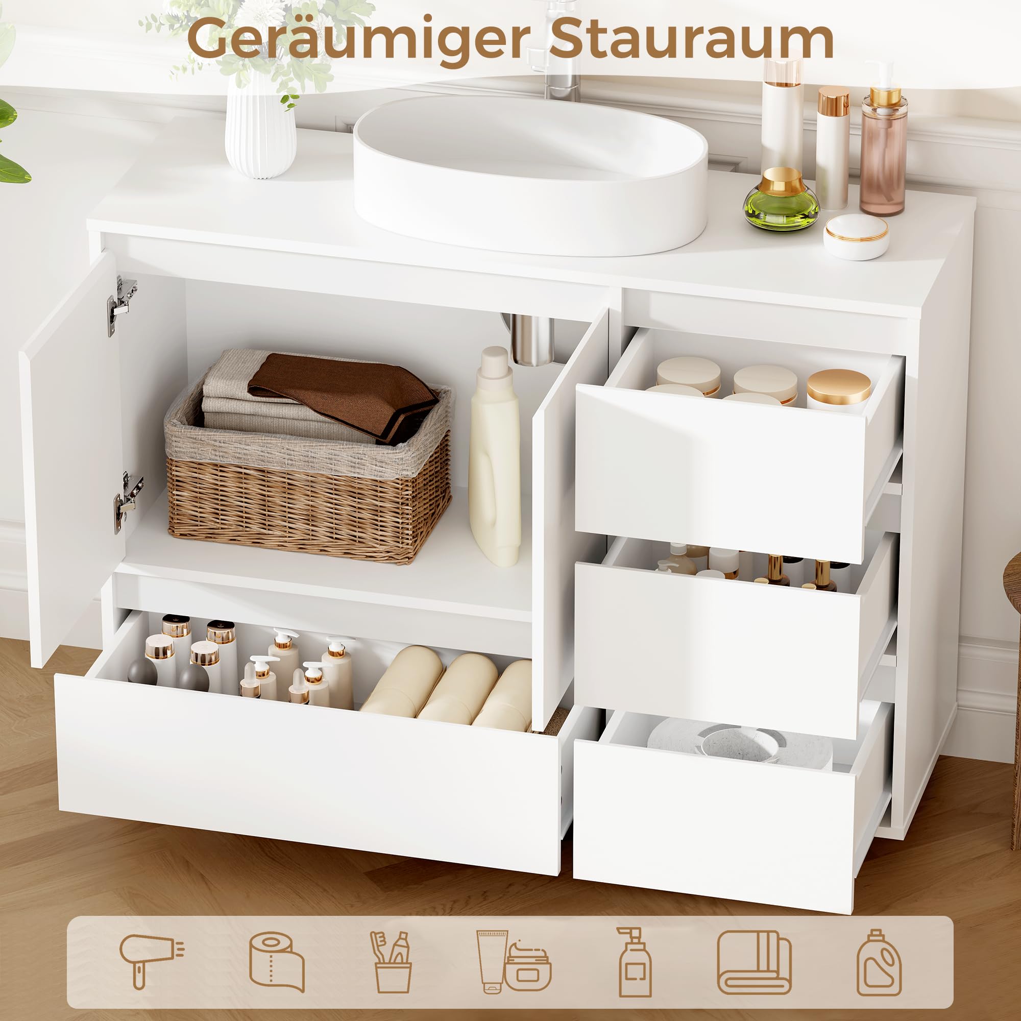 ANWBROAD Mueble Bajo Lavabo, 4 Cajones, 2 Puertas, Armario de Baño con Patas, Moderno,90 x 30 x 64,5 cm, Blanco SSC002W