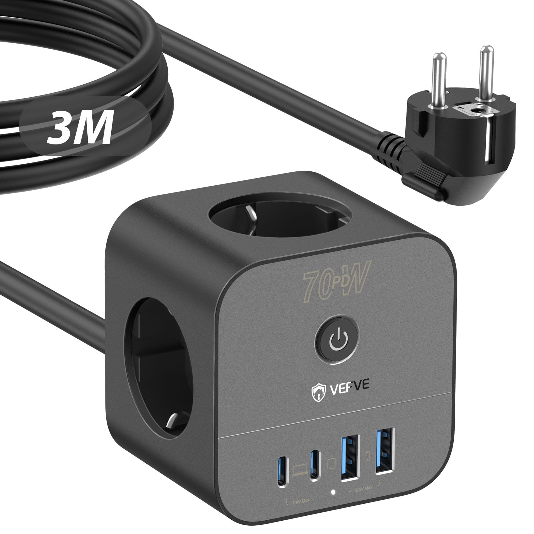 VEFVE Cubo Regleta 70W GAN, Cargador Rápido USB C, Ladrón Enchufes 7 en 1 con Interruptor, Compatible con iPhone 17, Galaxy S26, MacBook, Cable 3m, Negro