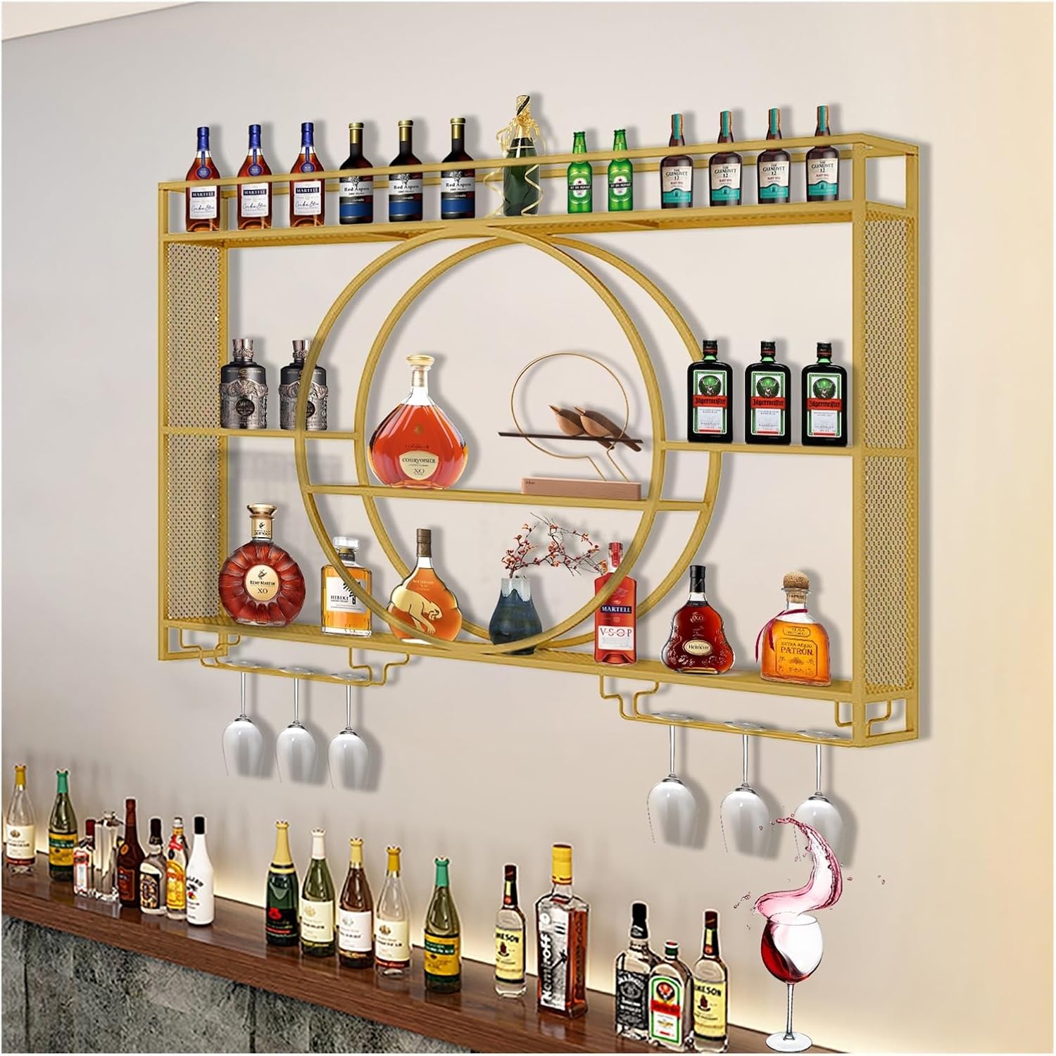 Wall-Mounted Wine Rack with LED Light, Wine Bottle Holder & Glass Storage, Stylish Wine Display Shelving Unit for Home Bar or Kitchen, Space-Saving Wine nizer.