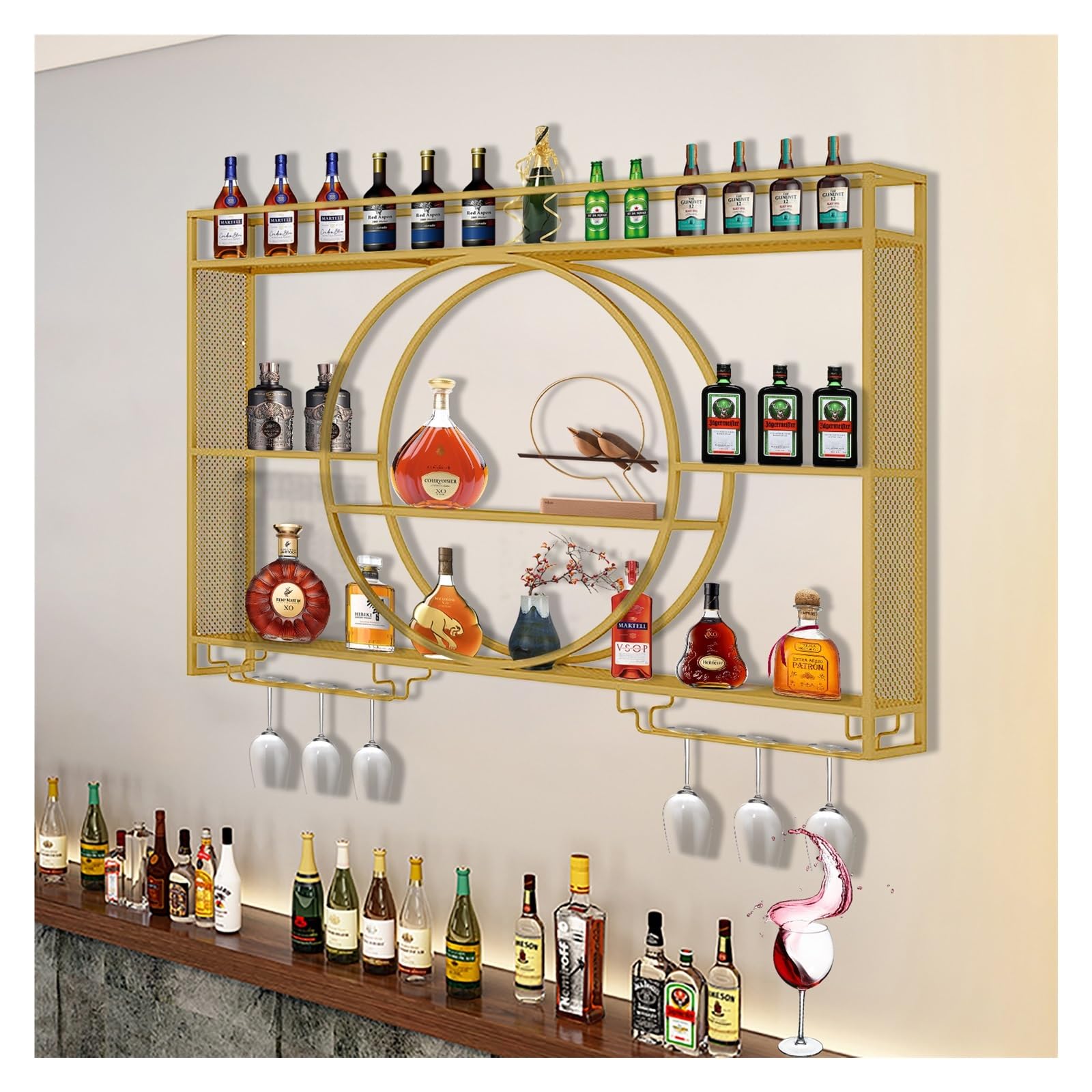 Casier à vin mural avec lumière LED en PE et support pour verres
