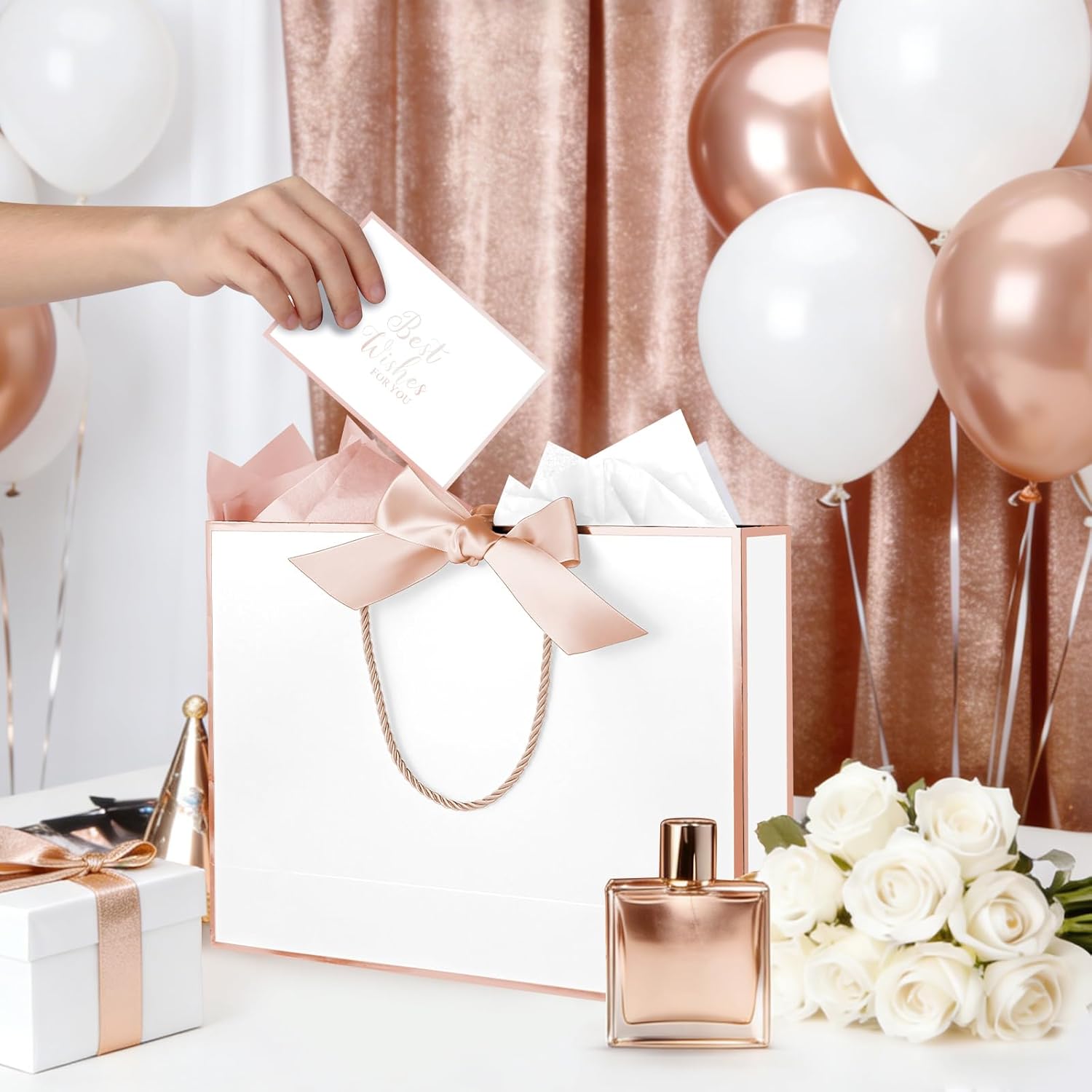 12 Pack Gift Bags with Handles Include Tissue Papers & Cards, Medium Size 12.6×10×4'' Thank You Gift Bags Medium Size for Birthday, Baby Shower, Wedding, Mother’s Day, Bridesmaids (White and Rose Gold) - Image 7