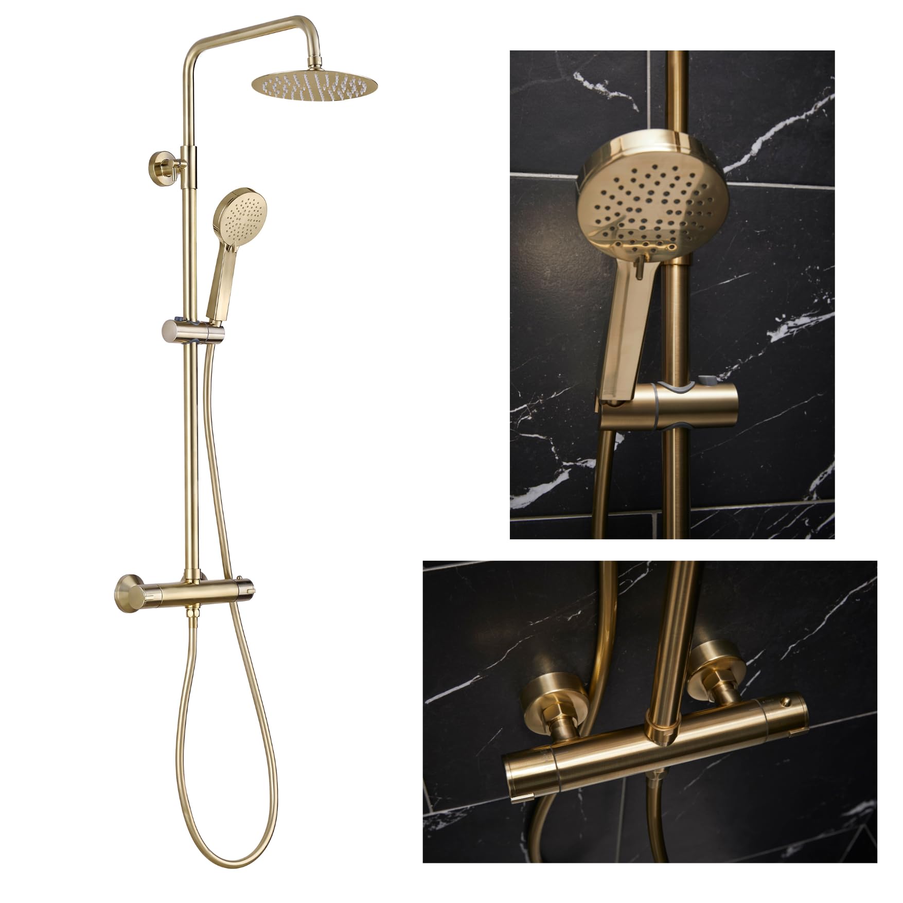 Excel Home Brushed Brass Thermostatic Shower Mixer With Round 200Mm Rainfall Head, Fixed Adjustable Rail Kit, Exposed Design, Multi-Function Handset Included