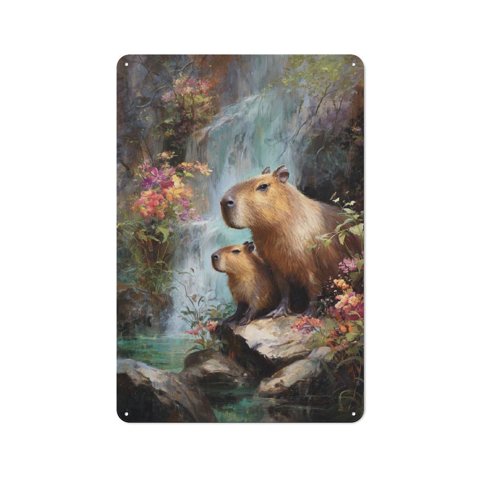 Junmoney Capybara Duo By The Waterfall Decorative Metal Wall Decor 30X20cm, Vintage Metal Sign For Hallway, Home Bar, Garage Or Study