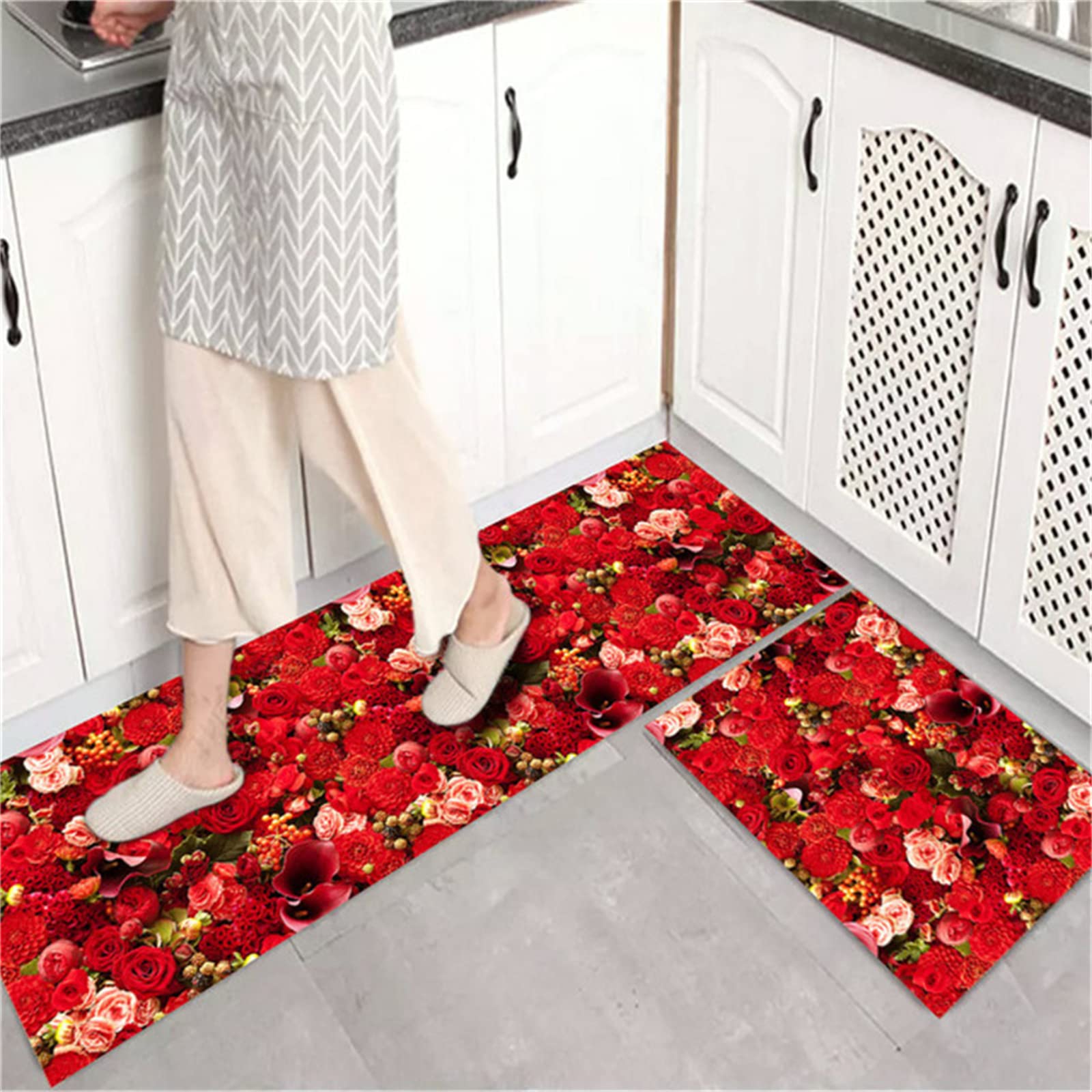 Juego de 2 Alfombras Cocina Antideslizantes Lavable a Máquina Alfombrillas Antifatiga Cómodas Alfombras de Pasillo Alfombrilla de Piso Exterior Interior con Trasera Goma(Rosa roja,50x80cm+50x160cm)