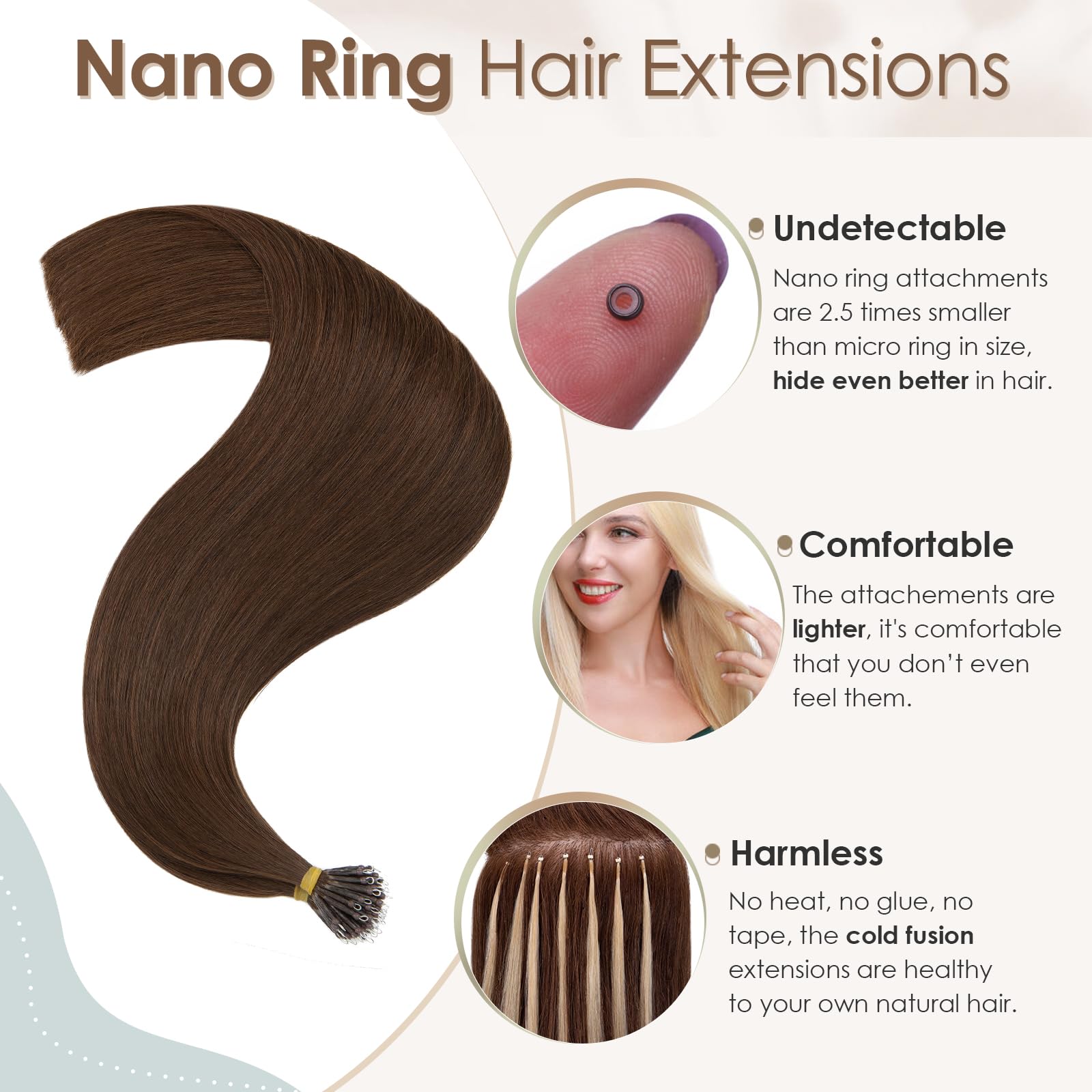 Elailite Nano Ring Hair Extensions Real Human Hair Brown With Nano Beads Cold Fusion 50 Strands Straight Long (#4 Medium Brown - Image 2