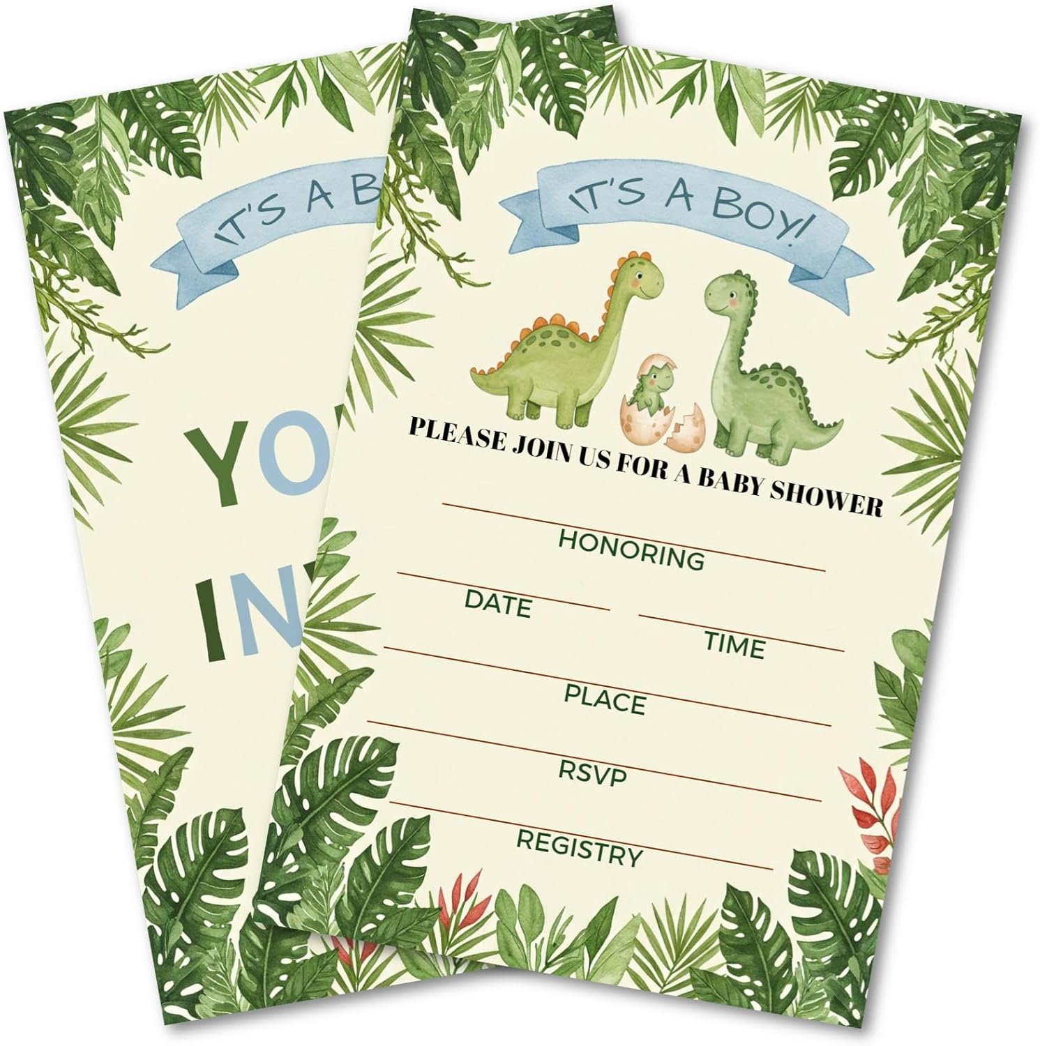 Dinosaur Baby Shower Invitations, Jungle Theme, Gender Reveal Invites with Envelopes for Boy, 25 Pcs 4x6 Inch, Green