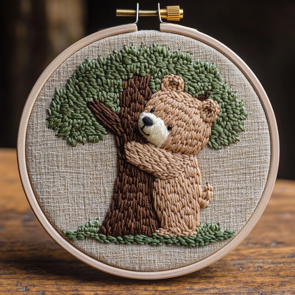 Punch Needle Kit for Beginners, Punch Sewing Kit for Adults, Needle Punch Kits for Adults, Bear Hugging a Tree, Simple Craft for Beginners.