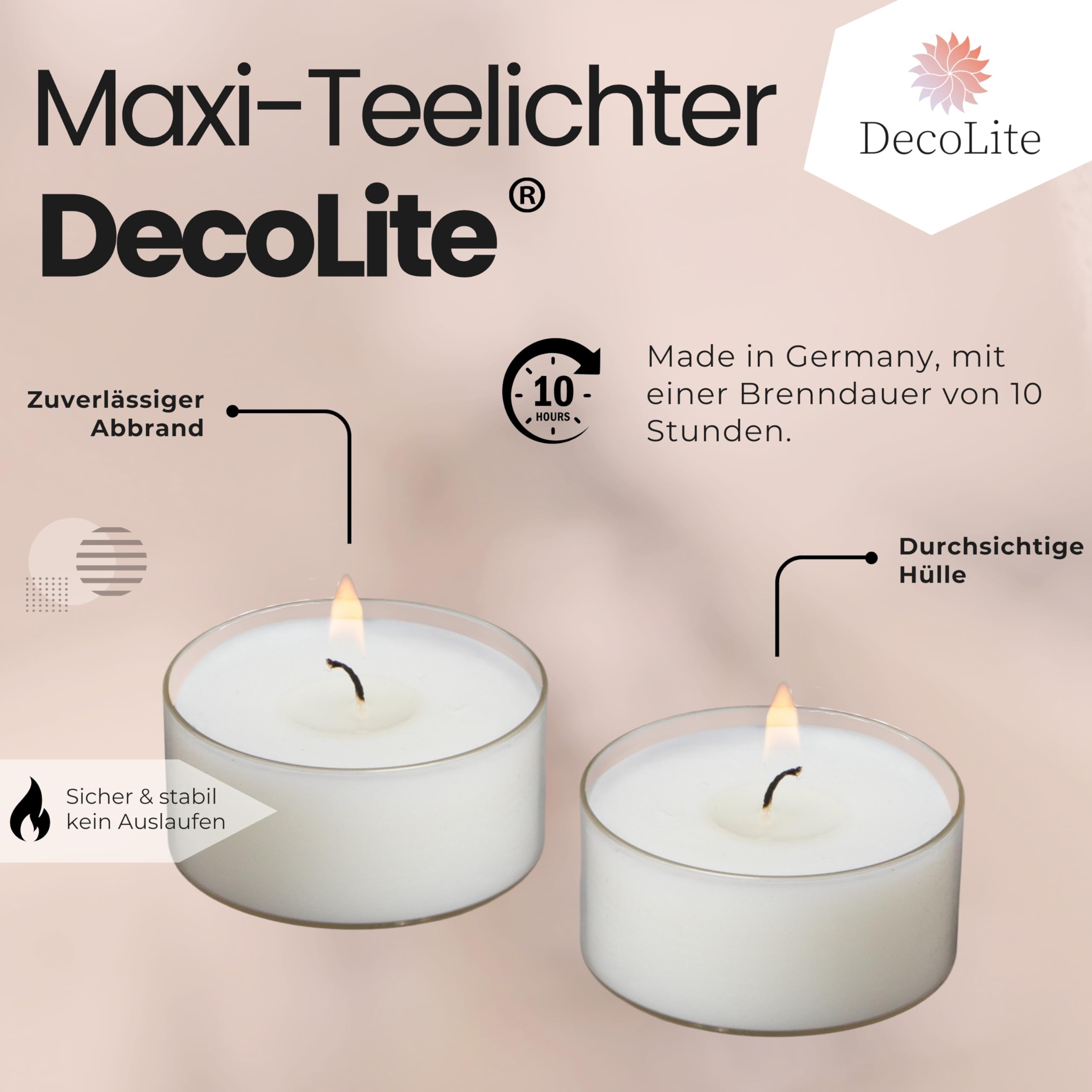 Maxi Teelichter 10h Brenndauer, klarer Acrylcup, 64 Stück
