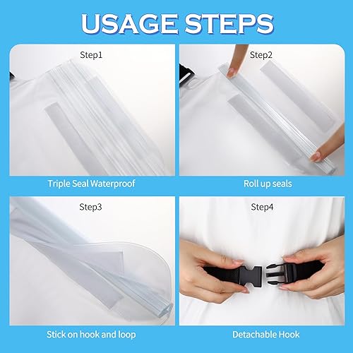 Miniatura 3 de Paquete de 2 bolsas impermeables con correa para la cintura, riñonera impermeable para natación, kayak, navegación, surf, Blanco, Sencillo