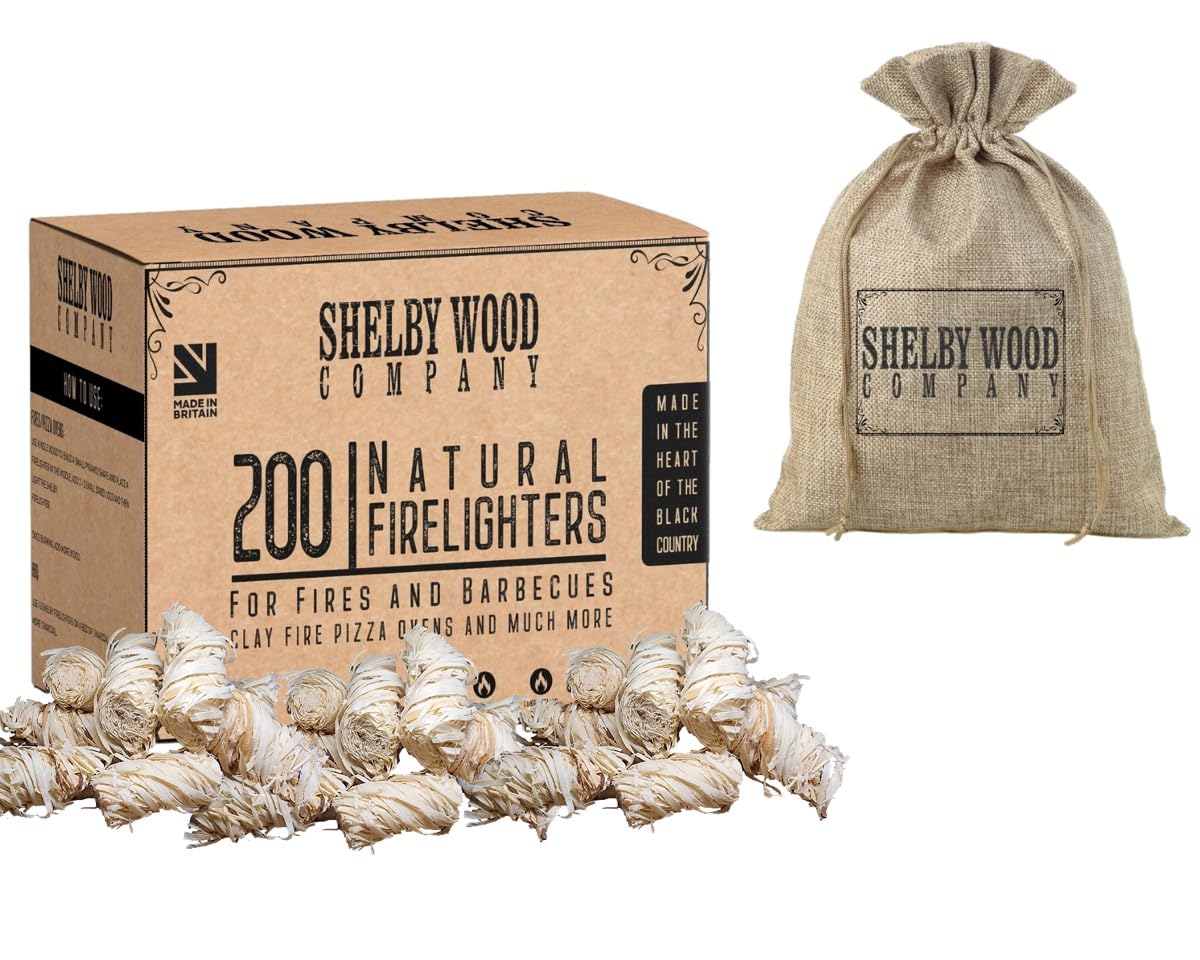 Wood Wool Natural Firelighter With Free Hessian Bag, Box of 200 For Log Burners, Fires, Easy to Light, Odourless,Clean, Smoke Free Fire Starting, Burn up to 11 Minutes, Instant Fire Starters (200)