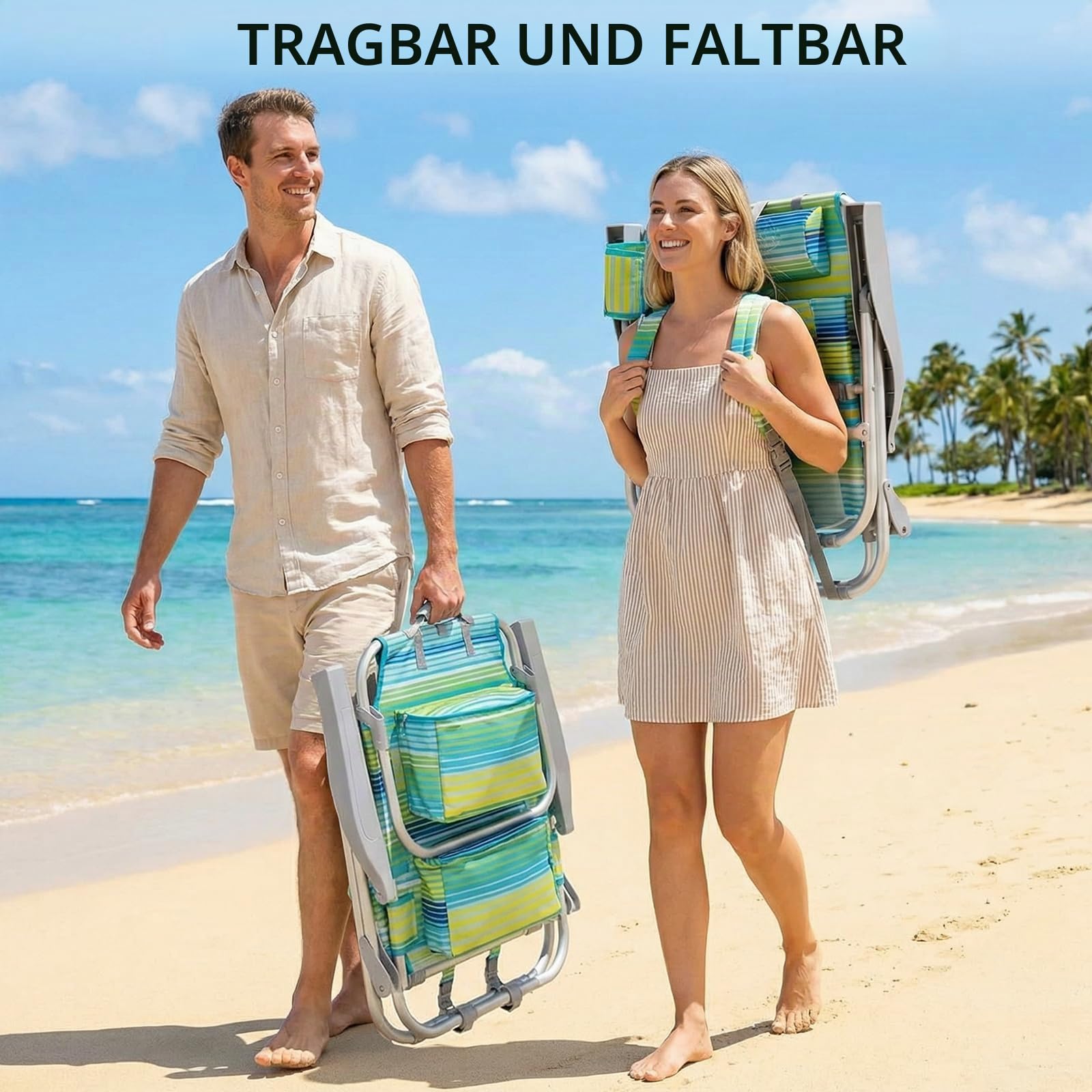 LIFERUN Strandstuhl Klappbar Leicht Aluminium 2er Set & Tisch, Rucksack Klappstuhl Strand, Campingstuhl Kann Flach Liegen,bis 150 kg belastbar, Outdoor Faltstuhl Verstellbarer Hohe Rückenlehne Grün