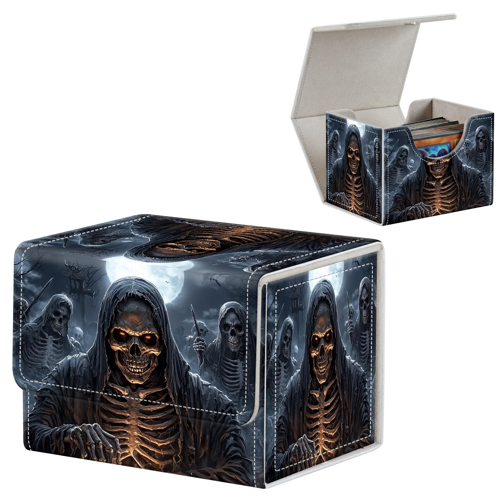 FUYOCWE Card Deck Box,MTG Commander Deck Box 100+ Double Sleeved Cards Storage,PU Leather Magnetic Snap TCG/CCG/Sports/Magic Trading Card Case Oragnizer-Grim Reaper Robe Skeletons — image 1