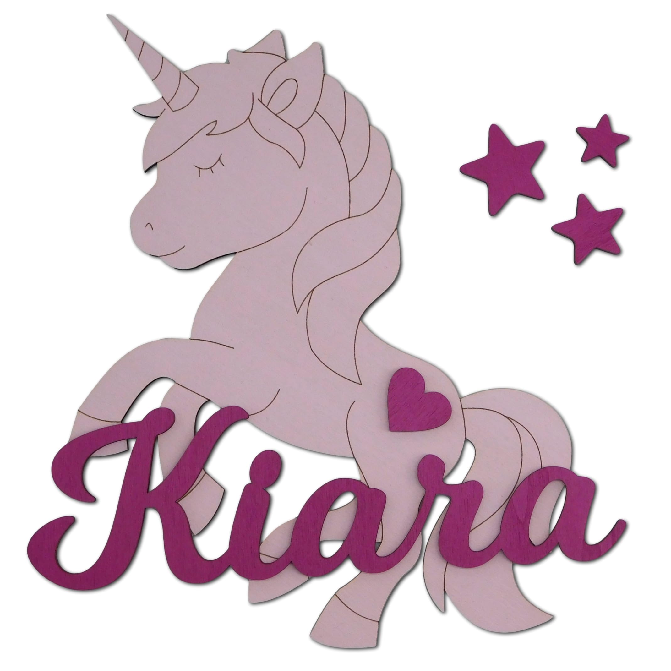 Personalisierter Name aus 4mm Sperrholz mit Einhorn – Wanddeko Kinderzimmer Mädchen | Türschild mit Namen | Geschenk zur Geburt Taufe oder Geburtstag | Holzdeko inkl. Sterne & Herz