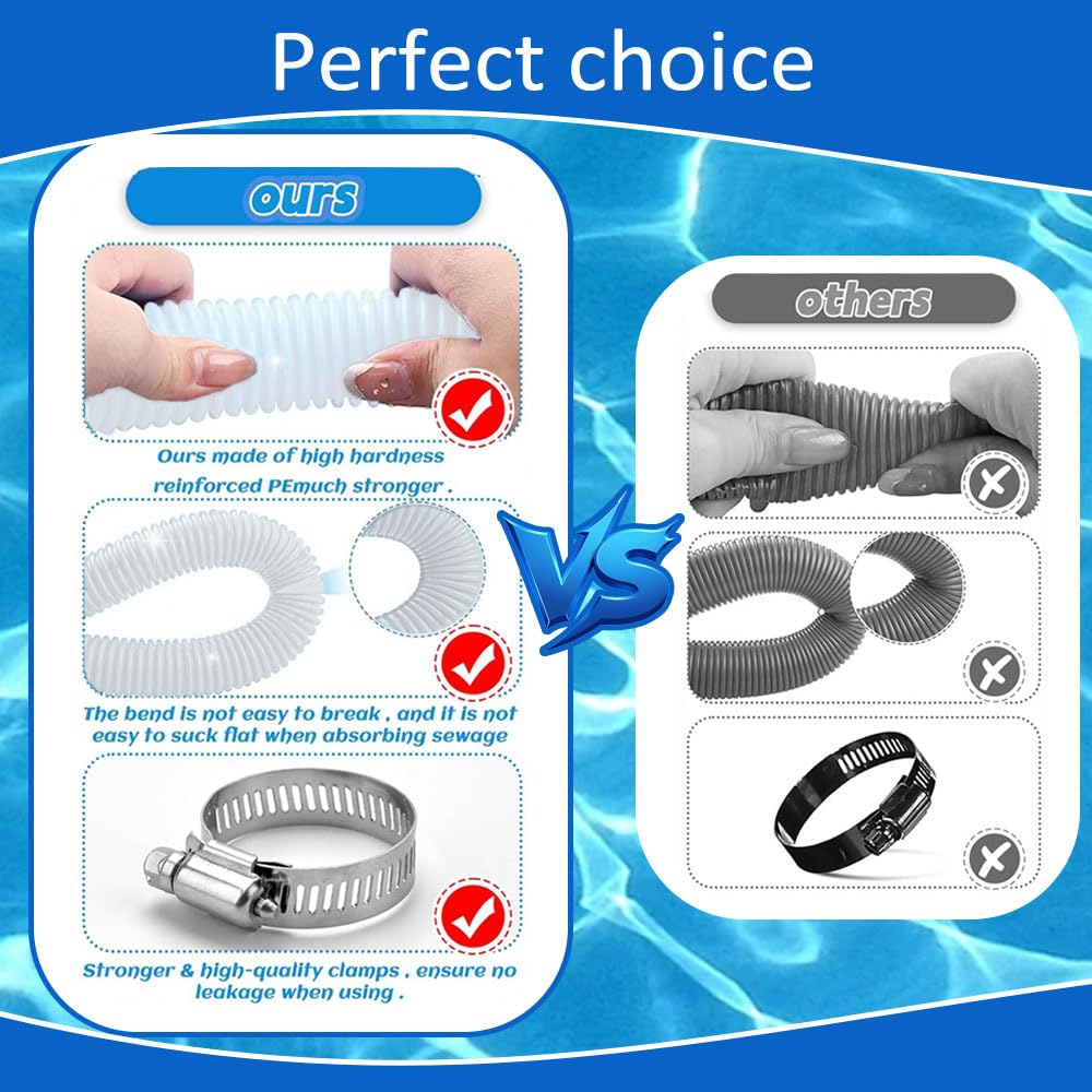 2 Pièces Tuyau Piscine 32mm,149,9cm Tuyau Piscine avec 4 Pinces Métalliques,pour Pompe à Filtre Eau Arrosage Bassin Piscine Hors Sol,pour Intex 530 GPH et 1000 GPH(Blanc)