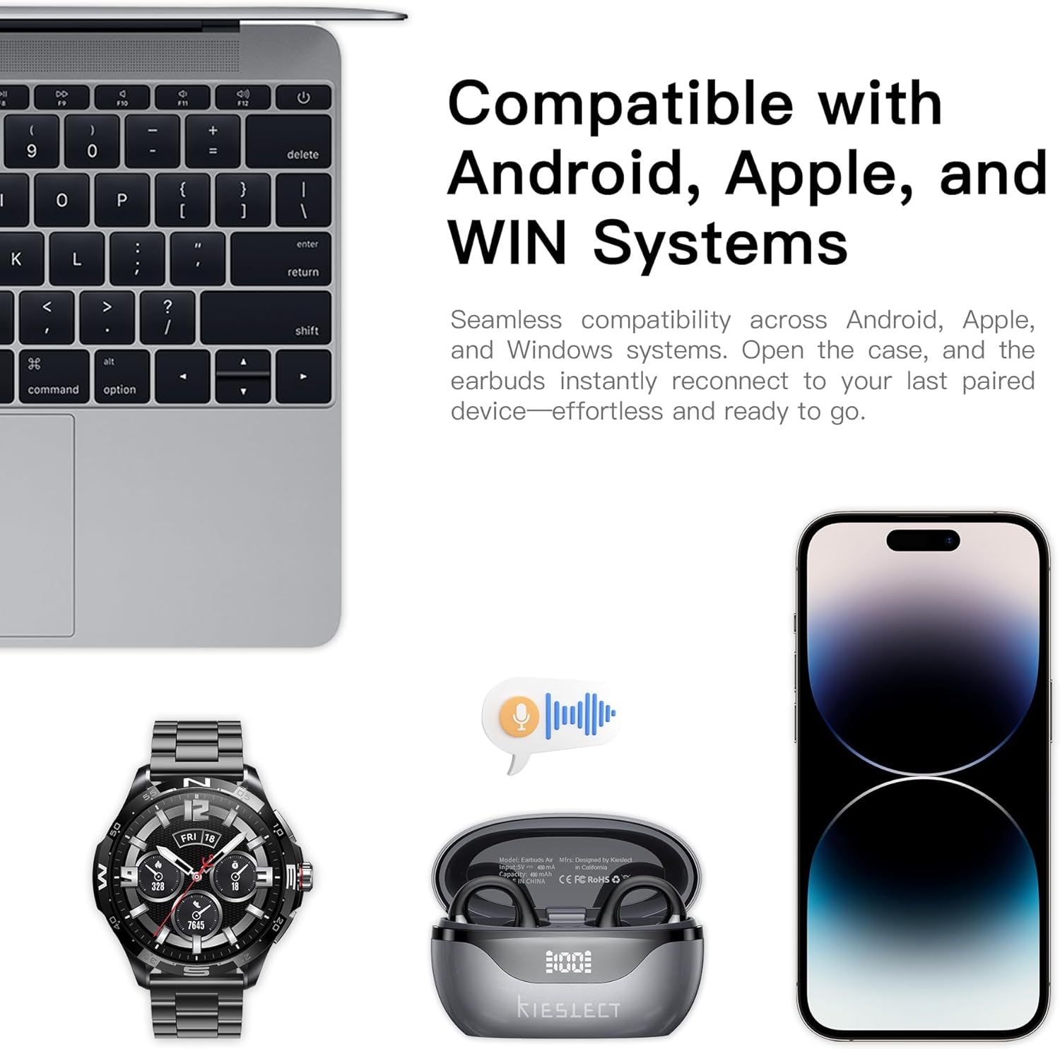 Kieslect Clip on Open Ear Wireless Bluetooth Headphones with AI 165 Language Translator, Real Time Translation Earbuds with Wireless Charging Case, Black, Active Noise Cancelling