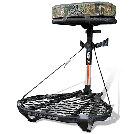 Hawk COMBAT Durable Compact Steel Tree Stand with 21 by 27 Inch Platform, Adjustable Seat and Full Body Safety Harness for Outdoor Hunting