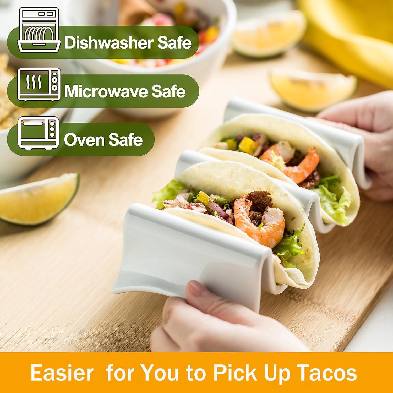 Taco Holder, Porcelain Taco Tray with Handles, Perfect for Keeping Tacos in Place, Serving Dish for Entertraining, Taco Shell Holds 4 Taco, Set of 2