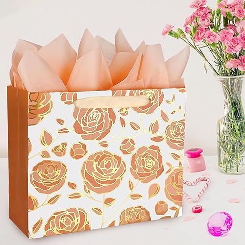 Miniatura 5 de DecorWoo Paquete de 2 bolsas de regalo grandes de oro rosa de 13 pulgadas con tarjeta y papel de seda, bolsa de regalo de flores de aluminio para