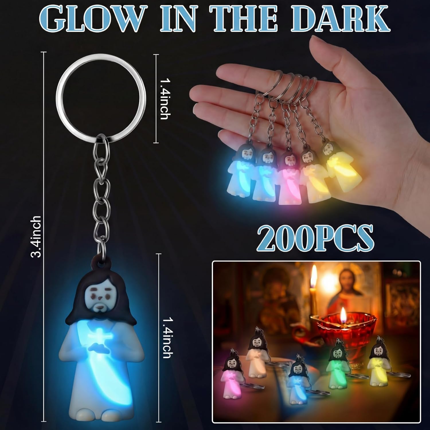 200 Pcs Easter Glow Mini Jesus Keychains, Easter Egg Fillers and Basket Stuffers, Glow in The Dark Little Jesus Keyring (Pray)