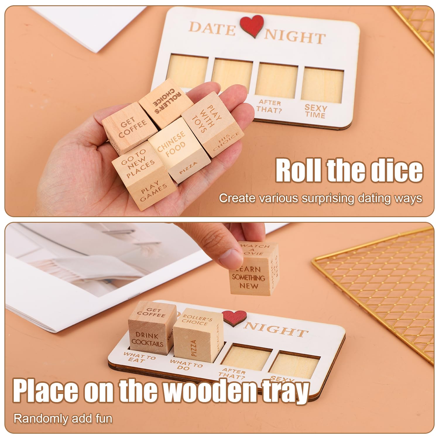 Ds. Distinctive Style Set Di 2 Dadi In Legno Per Coppie: 1 Dado Per Scegliere Cibo E 1 Per Attività Romantiche, Idea Regalo Per Appuntamenti E Anniversari