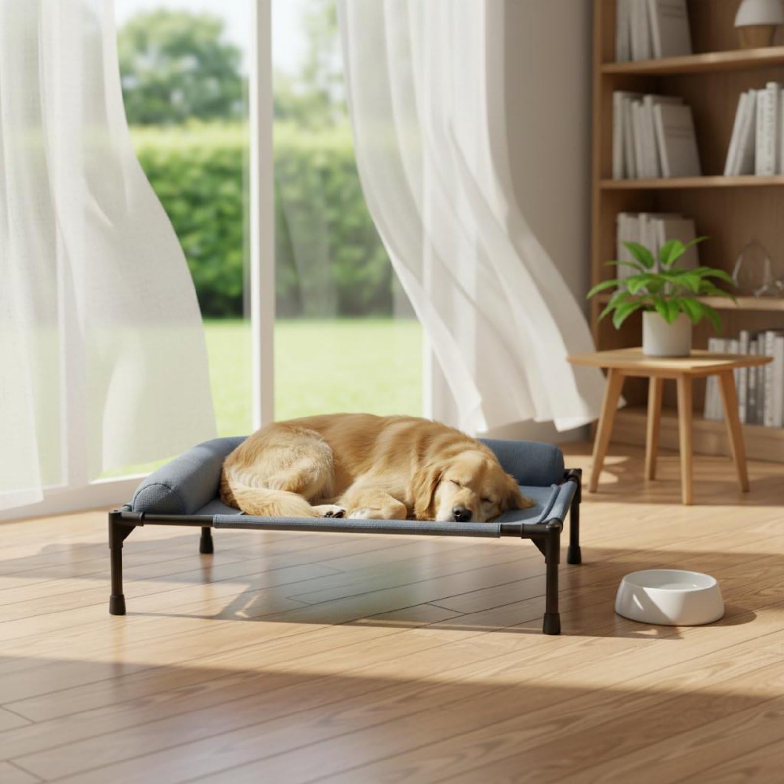 Cama Elevada para Mascotas con Soporte Elevado Red Transpirable Resistente Cojín Protector Lateral Suave y Estructura Estable Adecuada para Mascotas Medianas Uso en Casas y Balcones, Verde, M