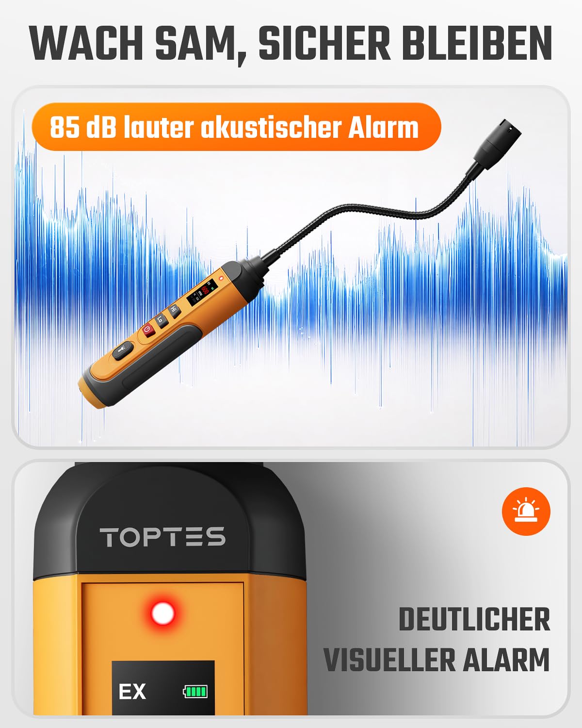 TOPTES PT-336Pro Wiederaufladbarer Gasdetektor, 17,5 cm Flexibler Hals