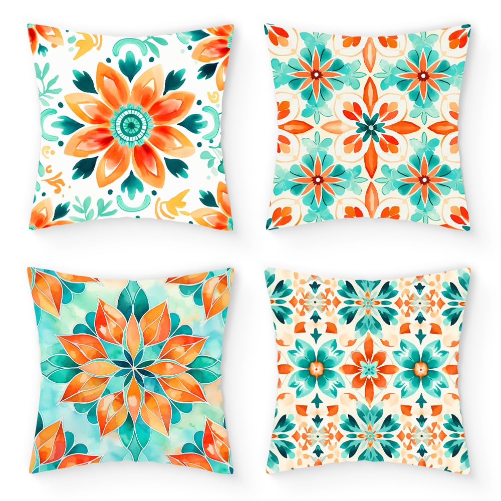 Umootek4pcs Boho Floral Throw Pillow Covers, 18x18 Inch Square Bohemian Colorful Flower Decorative Cushions Pillowcase for Bedroom Sofa Home Decorations(Short Plush)