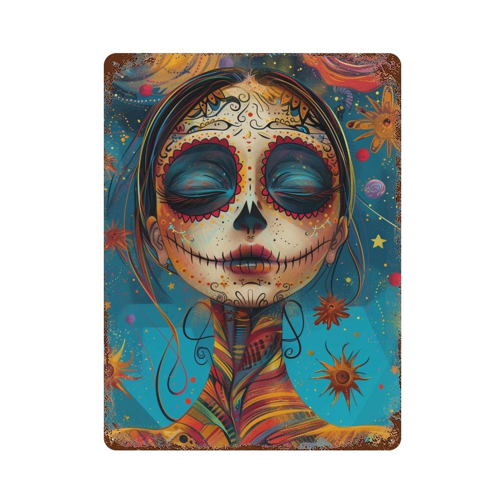 Vintage Metal Tin Sign Colorful Sugar Skull Art Print 15.7"x11.8", Classic Wall Plaque for Pub, Kitchen And Man Cave Decor