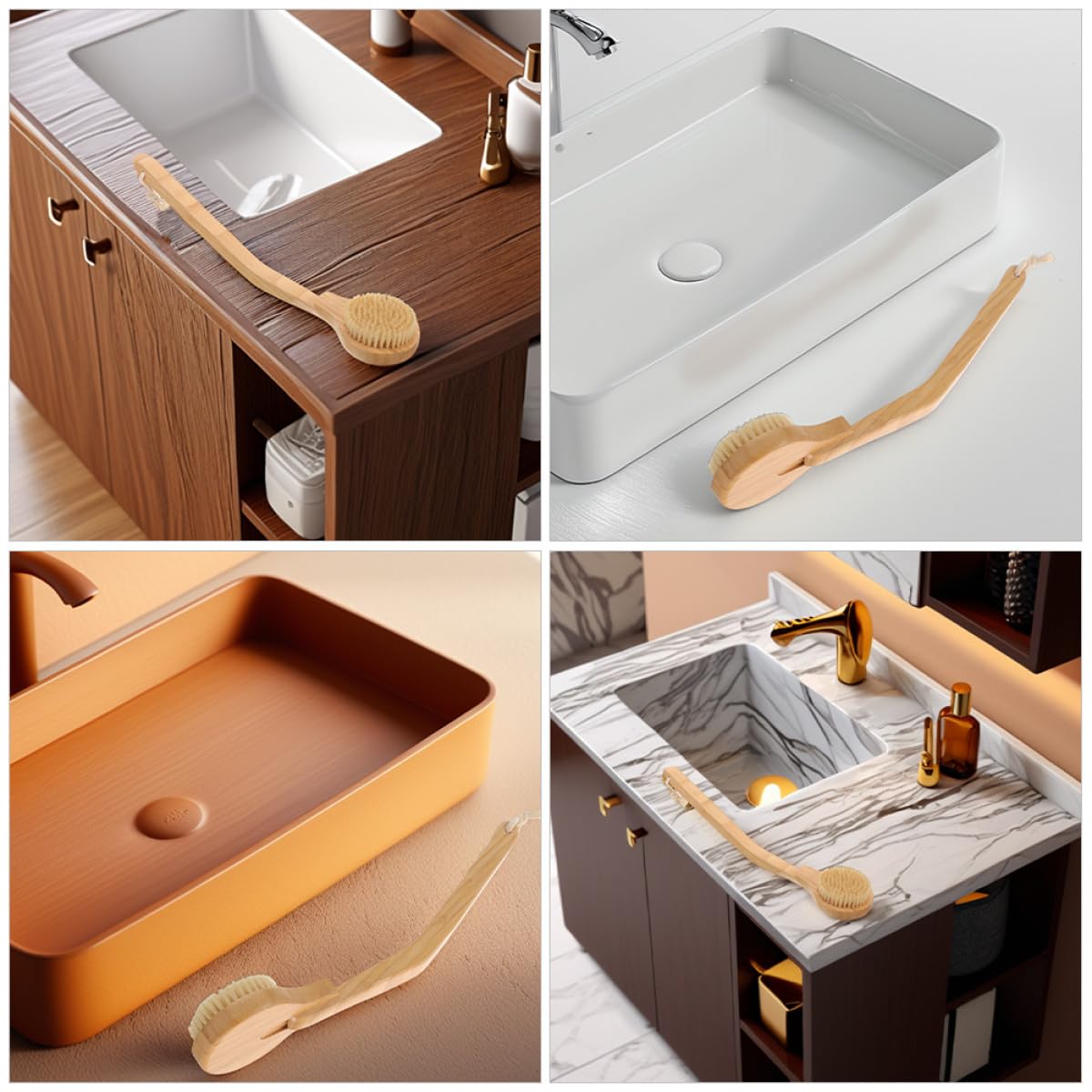 UKCOCO Spazzola per Doccia Manico in Legno 2 Pezzi, Spazzola Esfoliante Corpo per Bagno e Massaggio, Setole Morbide per Pulizia Comoda di Anziani e Disabili