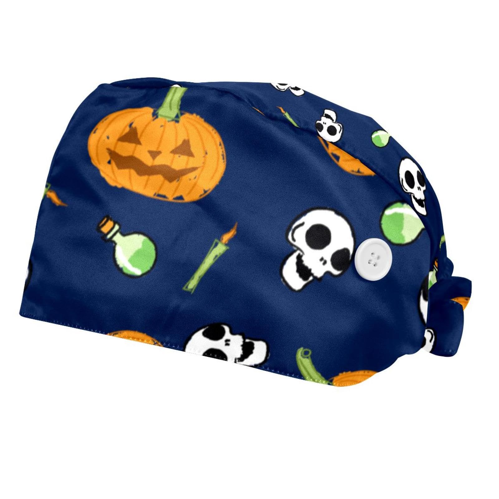 Halloween Pumpkin Dark 2 Pcs Unisex Working Cap with Button Bouffant Turban Cap Adjustable Hats Bouffant Hair Cover