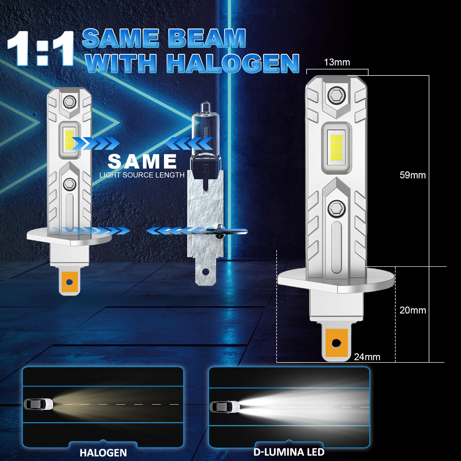 D-Lumina H7+H1 LED Żarówka Canbus 100W 16000LM 6500K Zimna Biel 400% Jasności 1:1 Mini Rozmiar, Zamiennik Halogenowy, Plug and Play, 4 sztuki